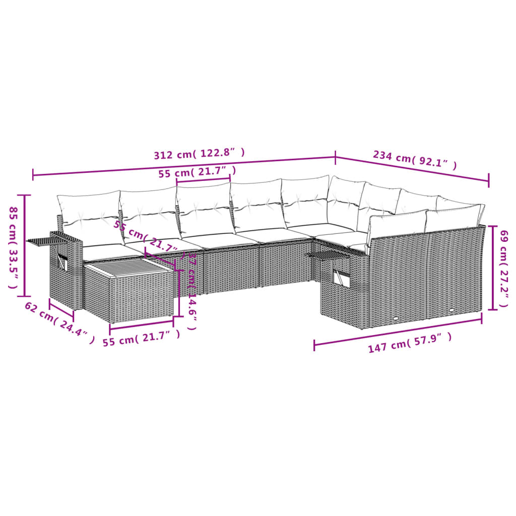 10 pcs conjunto de sofás p/ jardim com almofadões vime PE bege - Leva - Me - Contigo