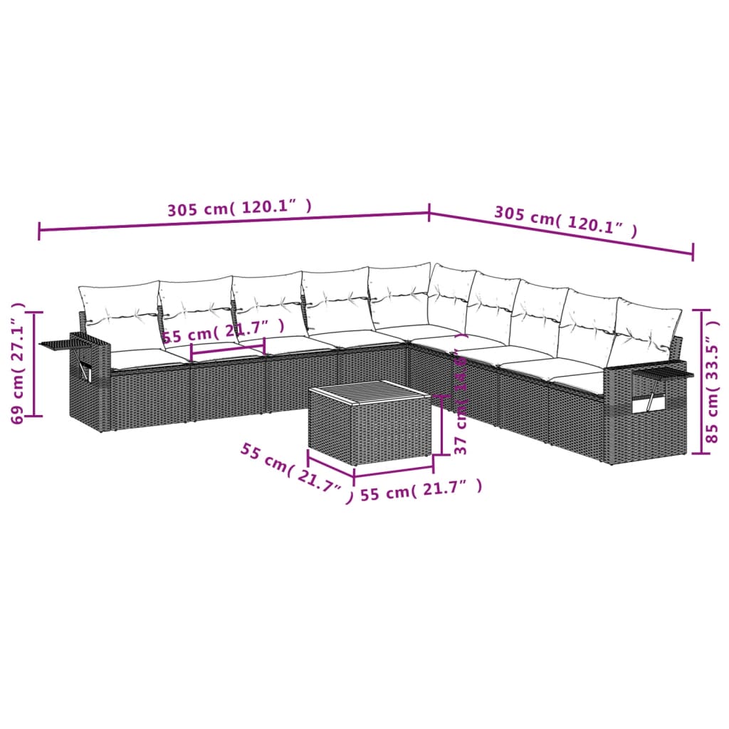 10 pcs conjunto de sofás p/ jardim com almofadões vime PE bege - Leva - Me - Contigo