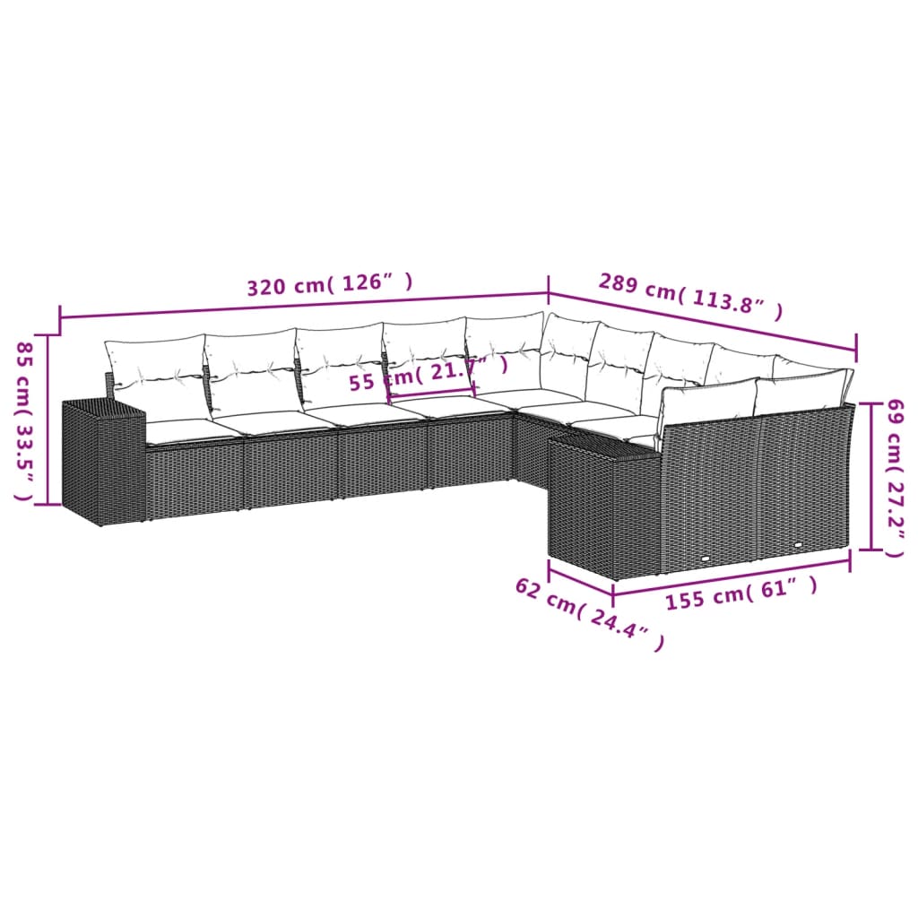 10 pcs conjunto de sofás p/ jardim com almofadões vime PE bege - Leva - Me - Contigo