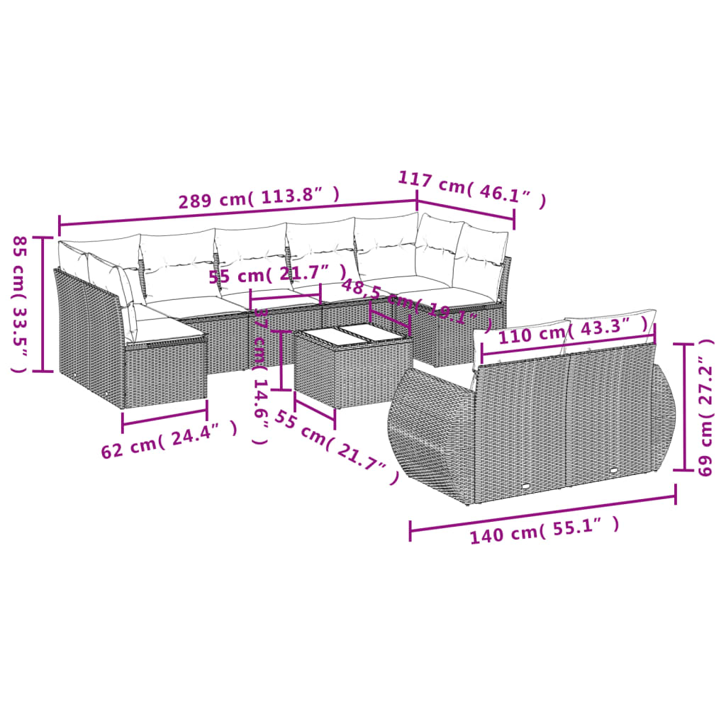 10 pcs conjunto de sofás p/ jardim com almofadões vime PE bege - Leva - Me - Contigo