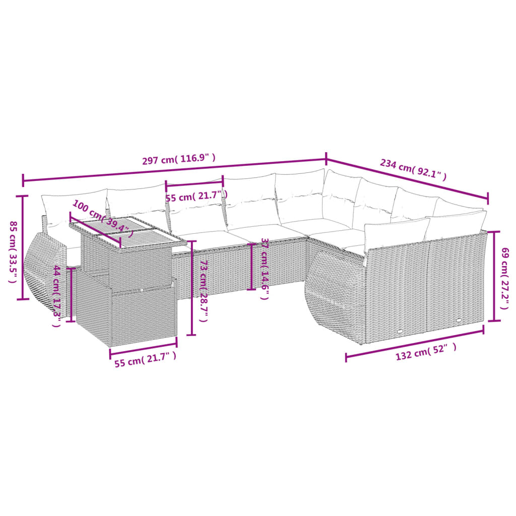 10 pcs conjunto de sofás p/ jardim com almofadões vime PE bege - Leva - Me - Contigo