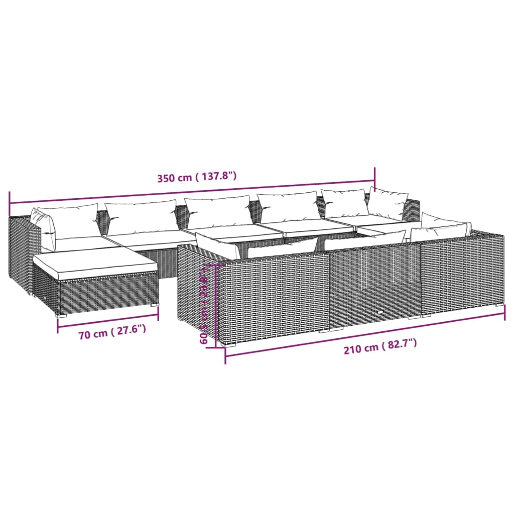 10 pcs conjunto lounge de jardim c/ almofadões vime PE castanho - Leva - Me - Contigo