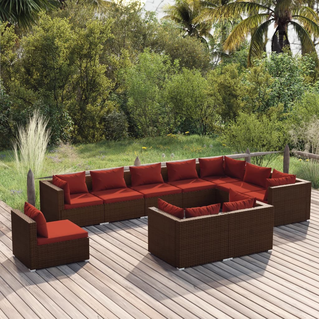 10 pcs conjunto lounge de jardim c/ almofadões vime PE castanho - Leva - Me - Contigo