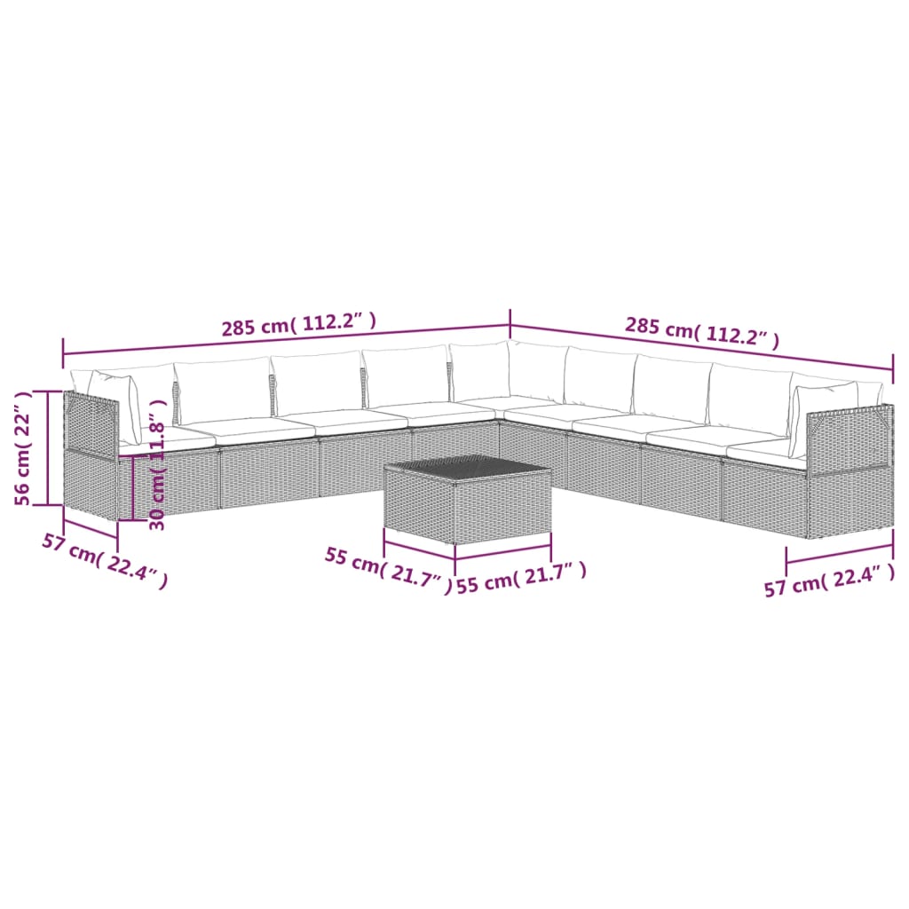 10 pcs conjunto lounge de jardim c/ almofadões vime PE cinzento - Leva - Me - Contigo