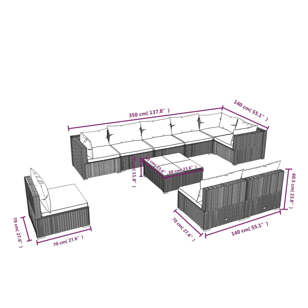 10 pcs conjunto lounge de jardim c/ almofadões vime PE cinzento - Leva - Me - Contigo