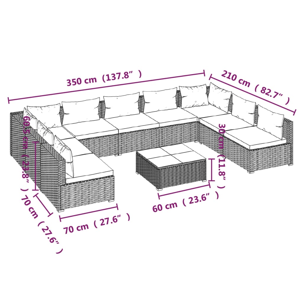 10 pcs conjunto lounge de jardim c/ almofadões vime PE cinzento - Leva - Me - Contigo