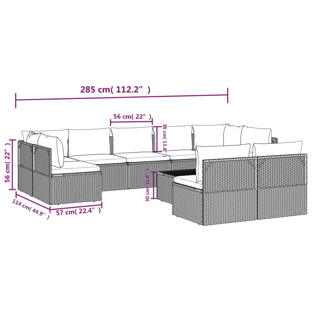 10 pcs conjunto lounge de jardim c/ almofadões vime PE cinzento - Leva - Me - Contigo