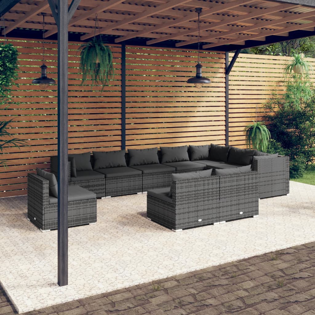 10 pcs conjunto lounge de jardim c/ almofadões vime PE cinzento - Leva - Me - Contigo