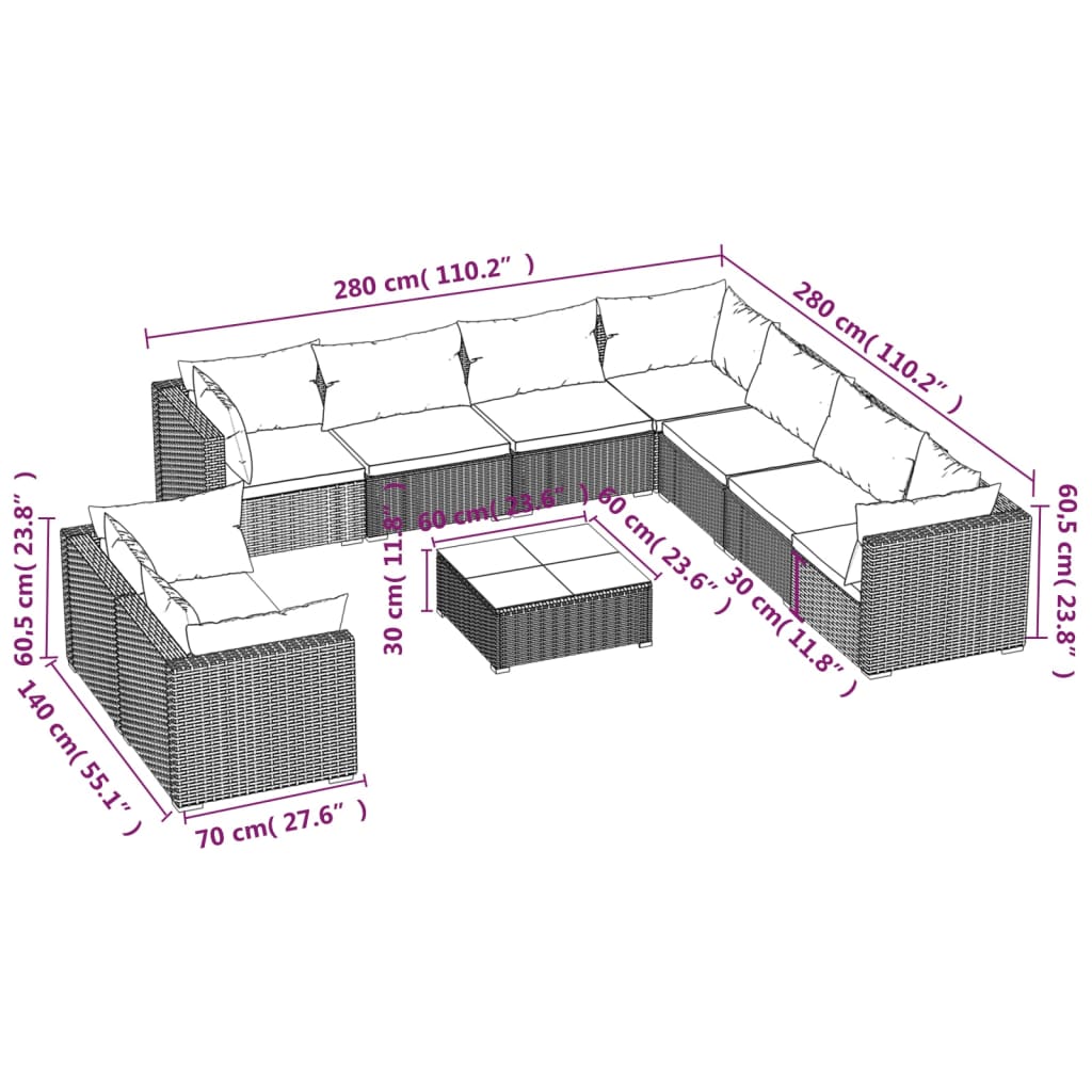 10 pcs conjunto lounge de jardim c/ almofadões vime PE cinzento - Leva - Me - Contigo