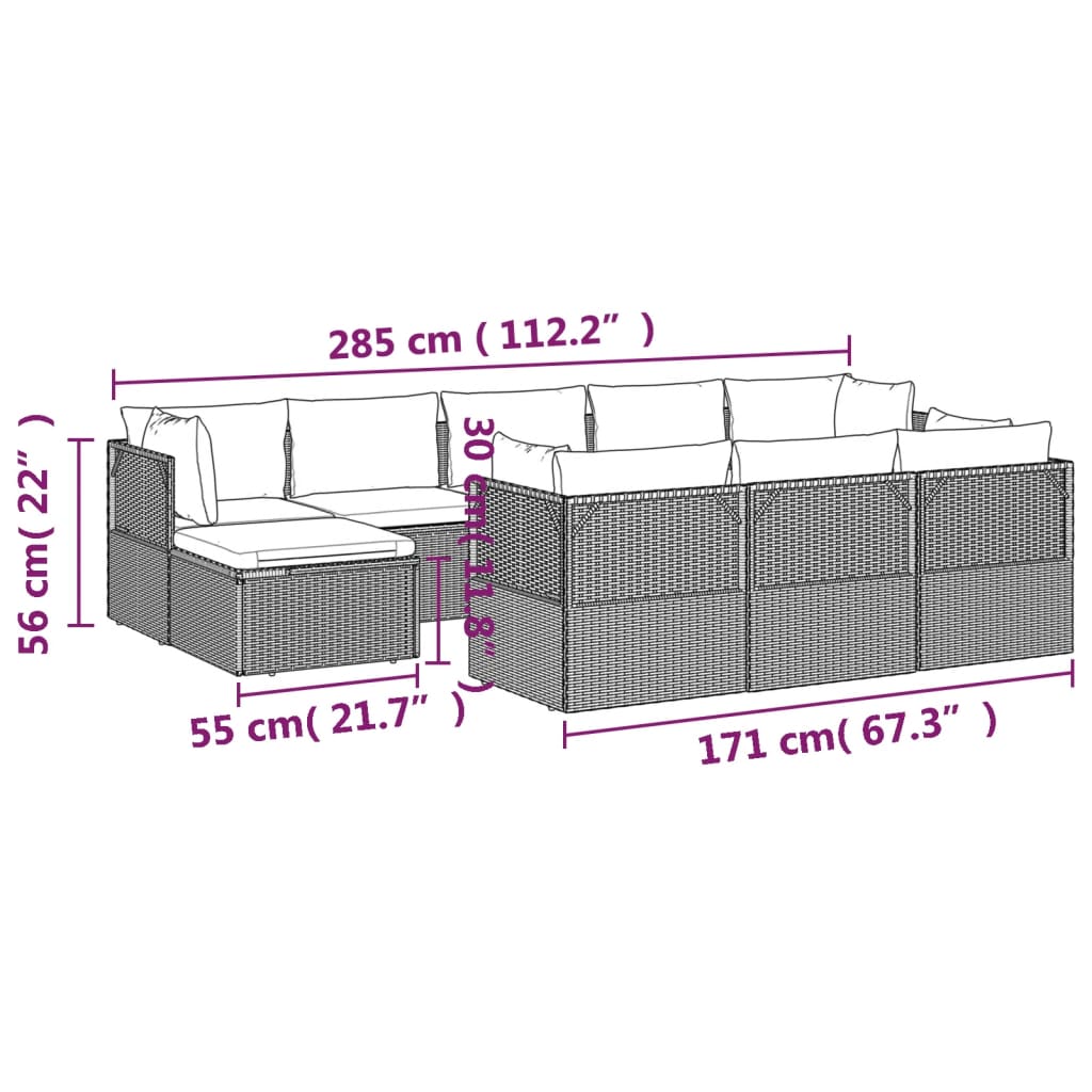 10 pcs conjunto lounge de jardim c/ almofadões vime PE cinzento - Leva - Me - Contigo