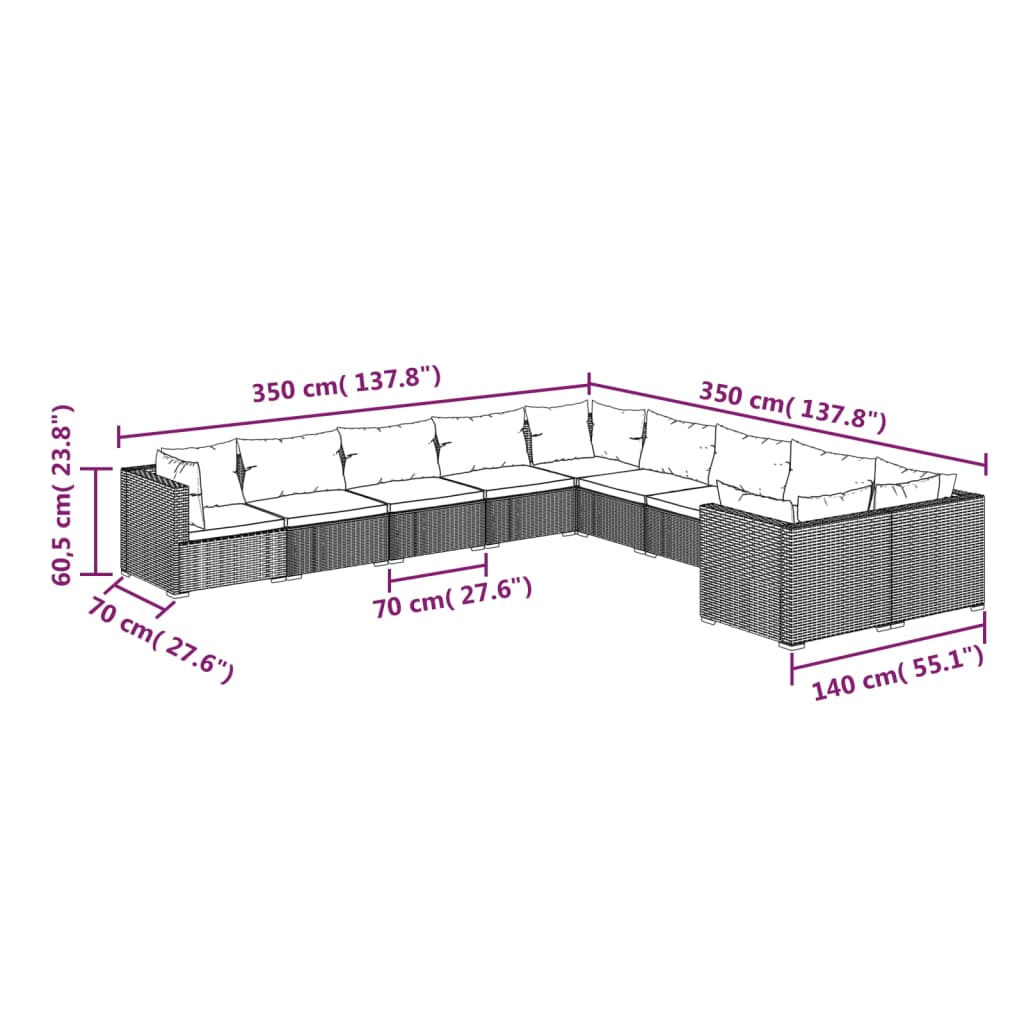 10 pcs conjunto lounge de jardim c/ almofadões vime PE cinzento - Leva - Me - Contigo