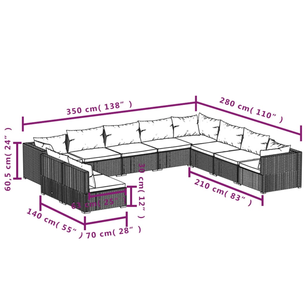 10 pcs conjunto lounge de jardim c/ almofadões vime PE cinzento - Leva - Me - Contigo