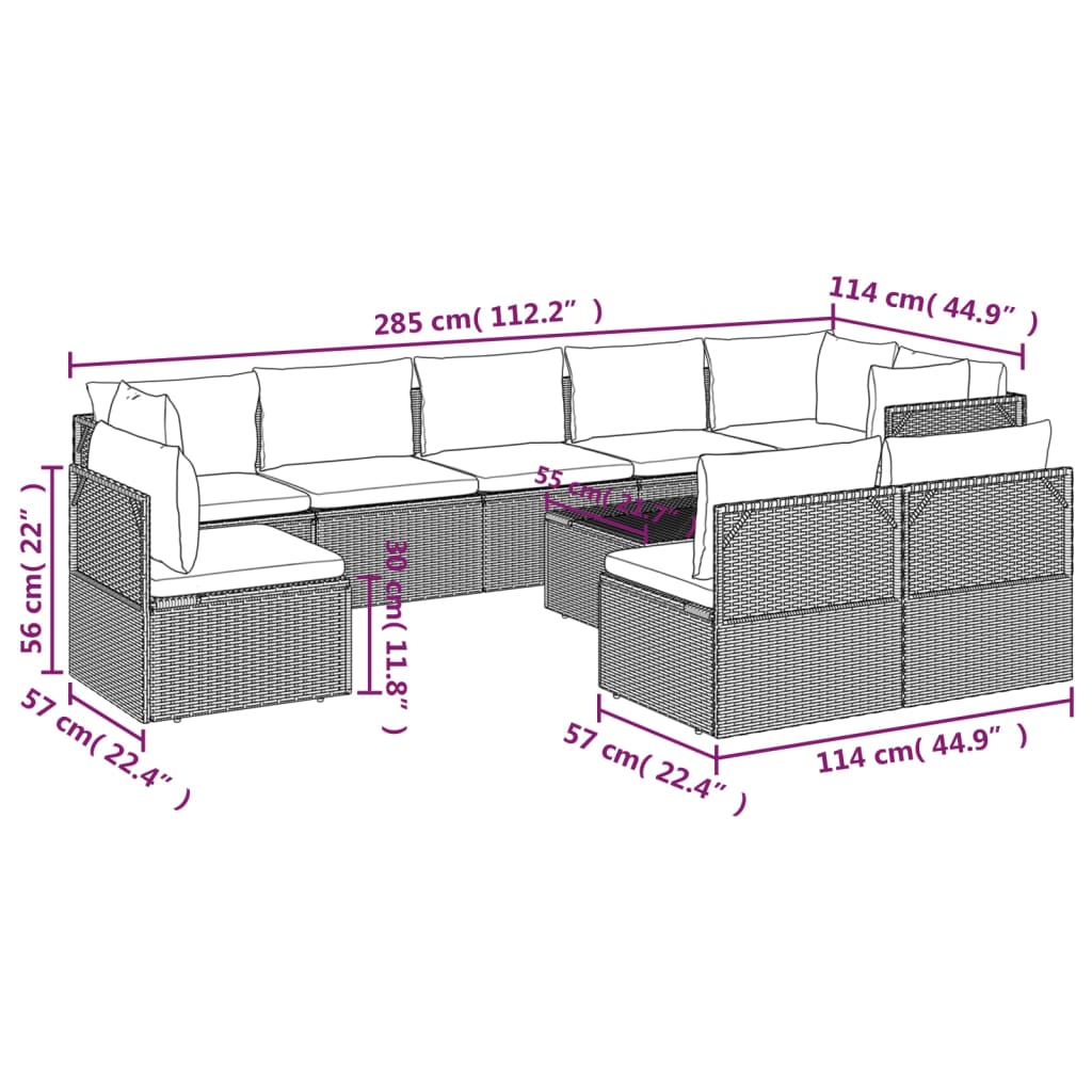 10 pcs conjunto lounge de jardim c/ almofadões vime PE cinzento - Leva - Me - Contigo