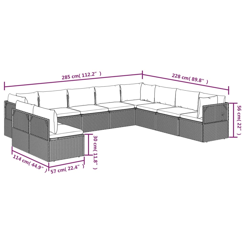 10 pcs conjunto lounge de jardim c/ almofadões vime PE cinzento - Leva - Me - Contigo