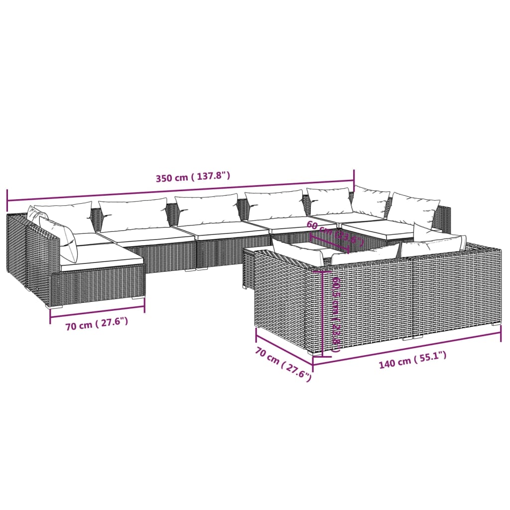 10 pcs conjunto lounge de jardim c/ almofadões vime PE cinzento - Leva - Me - Contigo