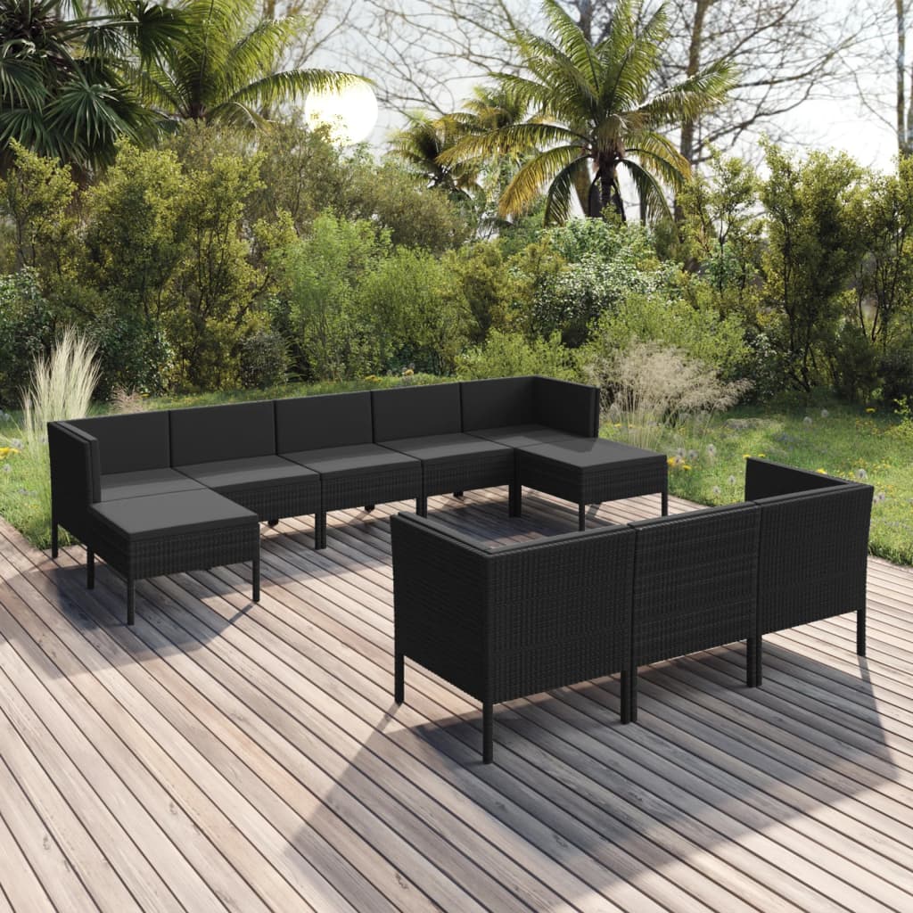 10 pcs conjunto lounge de jardim c/ almofadões vime PE preto - Leva - Me - Contigo