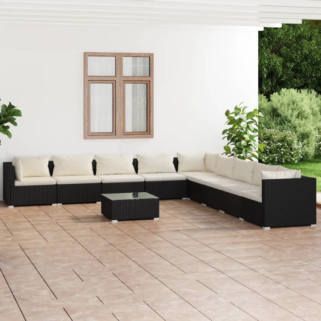 10 pcs conjunto lounge de jardim c/ almofadões vime PE preto - Leva - Me - Contigo