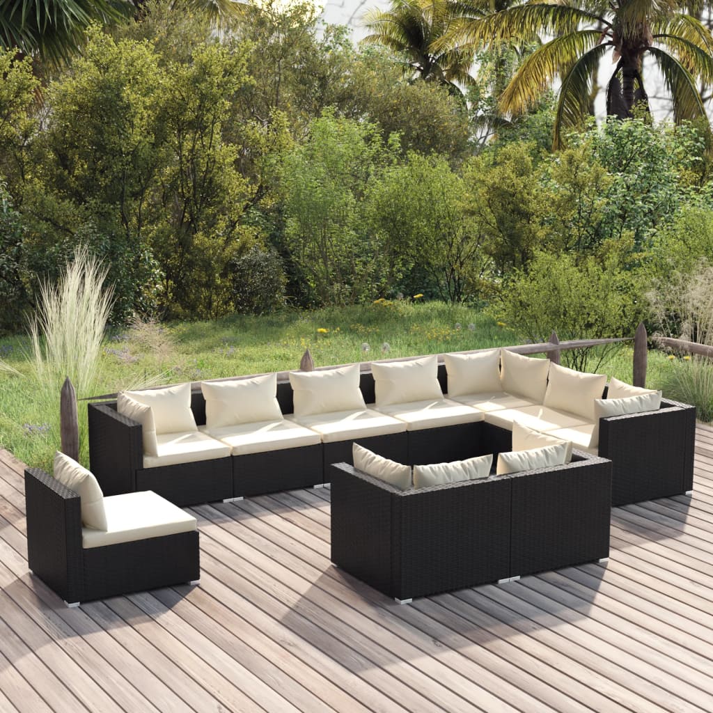 10 pcs conjunto lounge de jardim c/ almofadões vime PE preto - Leva - Me - Contigo