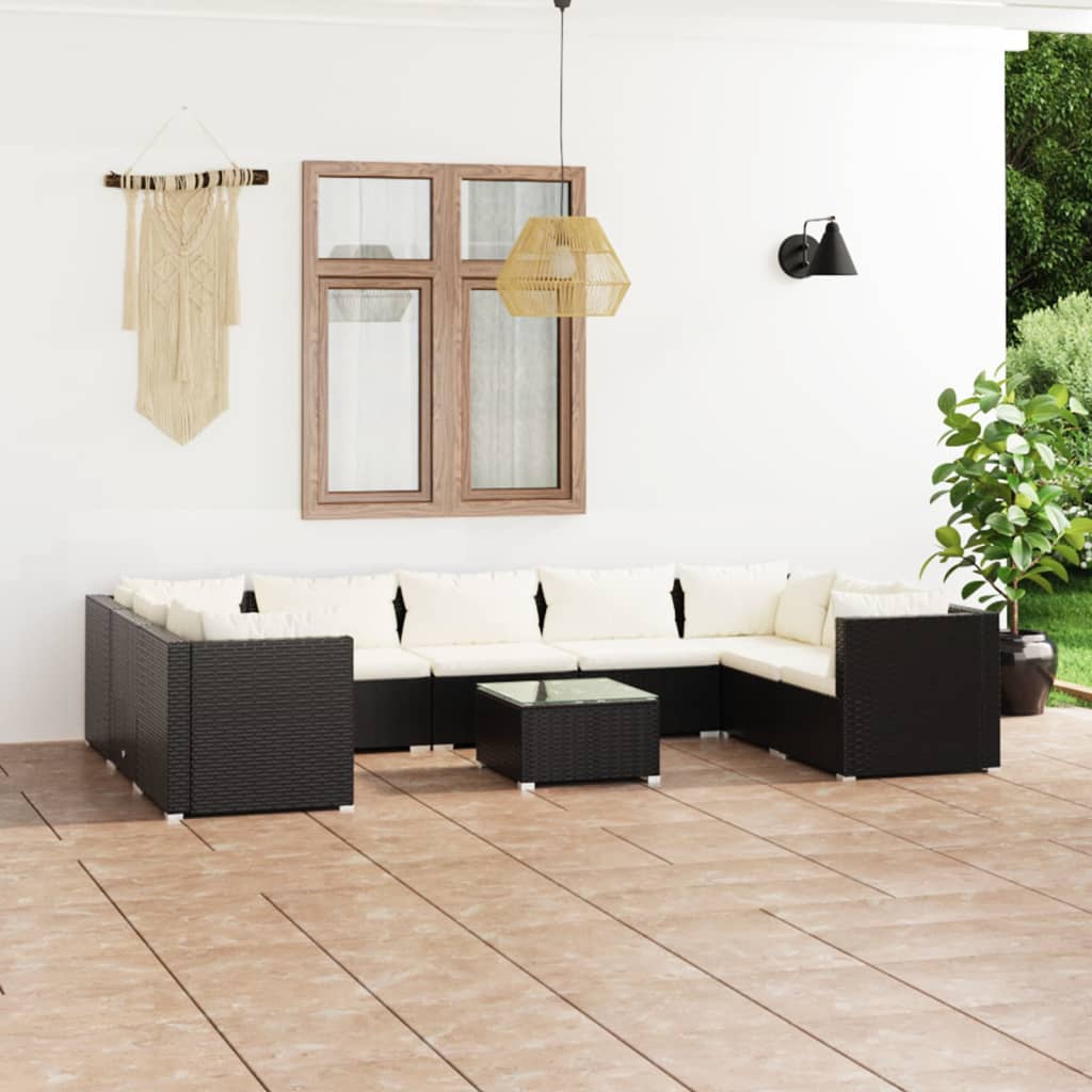 10 pcs conjunto lounge de jardim c/ almofadões vime PE preto - Leva - Me - Contigo