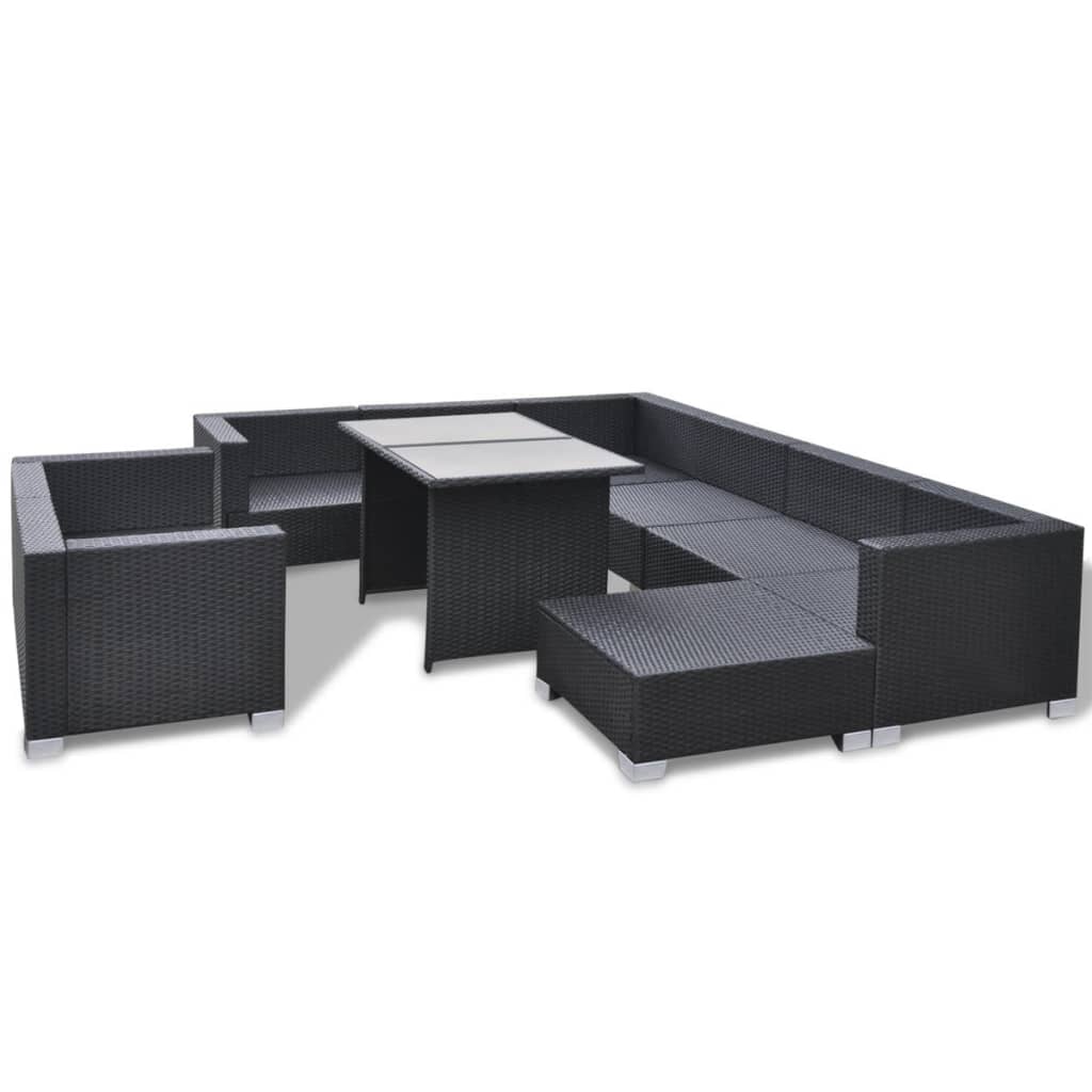 10 pcs conjunto lounge de jardim c/ almofadões vime PE preto - Leva - Me - Contigo