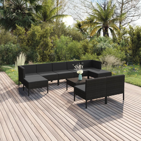 10 pcs conjunto lounge de jardim c/ almofadões vime PE preto - Leva - Me - Contigo