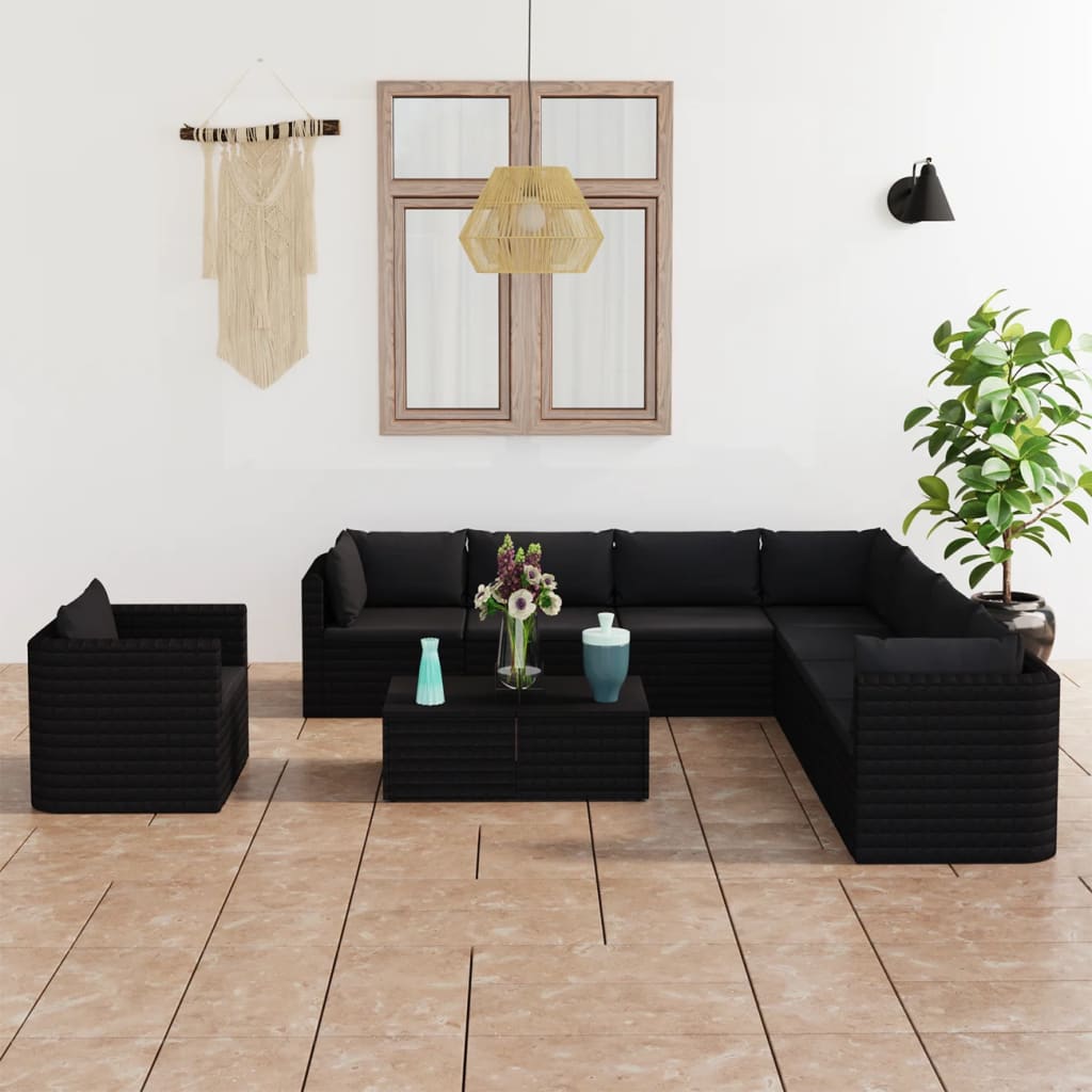 10 pcs conjunto lounge de jardim c/ almofadões vime PE preto - Leva - Me - Contigo