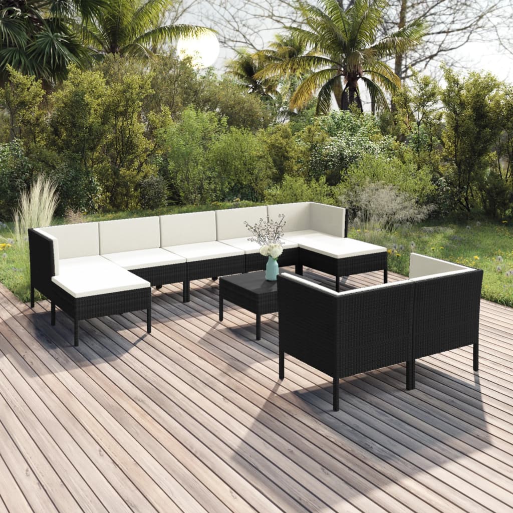 10 pcs conjunto lounge de jardim c/ almofadões vime PE preto - Leva - Me - Contigo