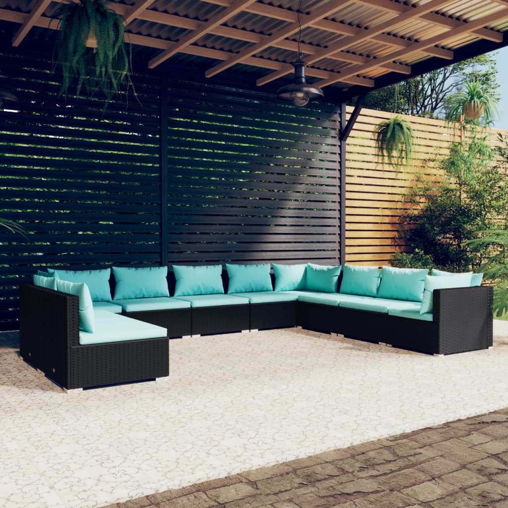 10 pcs conjunto lounge de jardim c/ almofadões vime PE preto - Leva - Me - Contigo