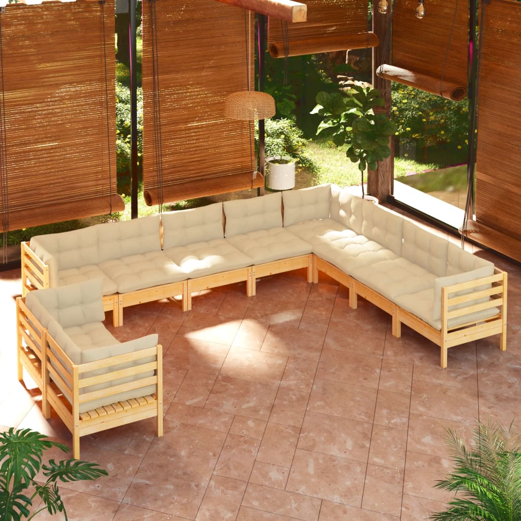 10 pcs conjunto lounge jardim c/ almofadões creme pinho maciço - Leva - Me - Contigo