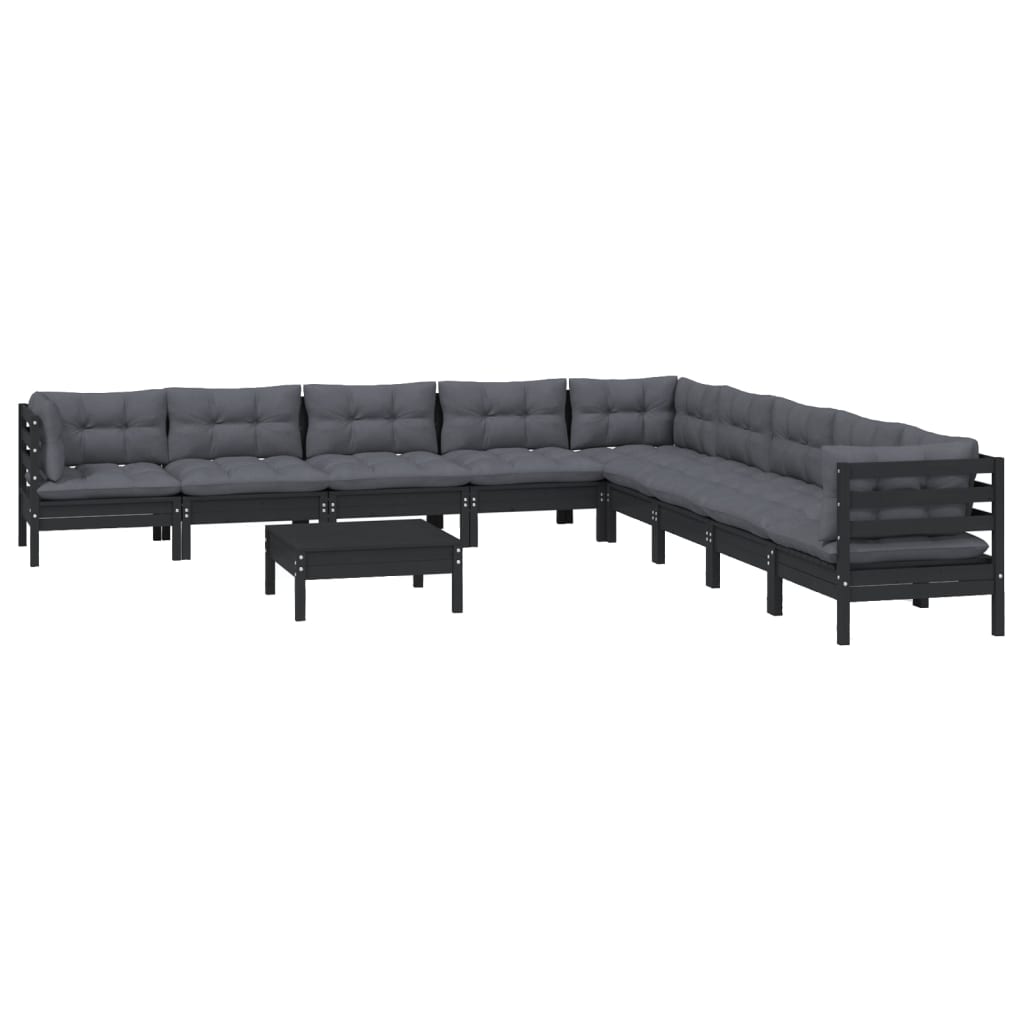 10 pcs conjunto lounge jardim c/ almofadões pinho maciço preto - Leva - Me - Contigo