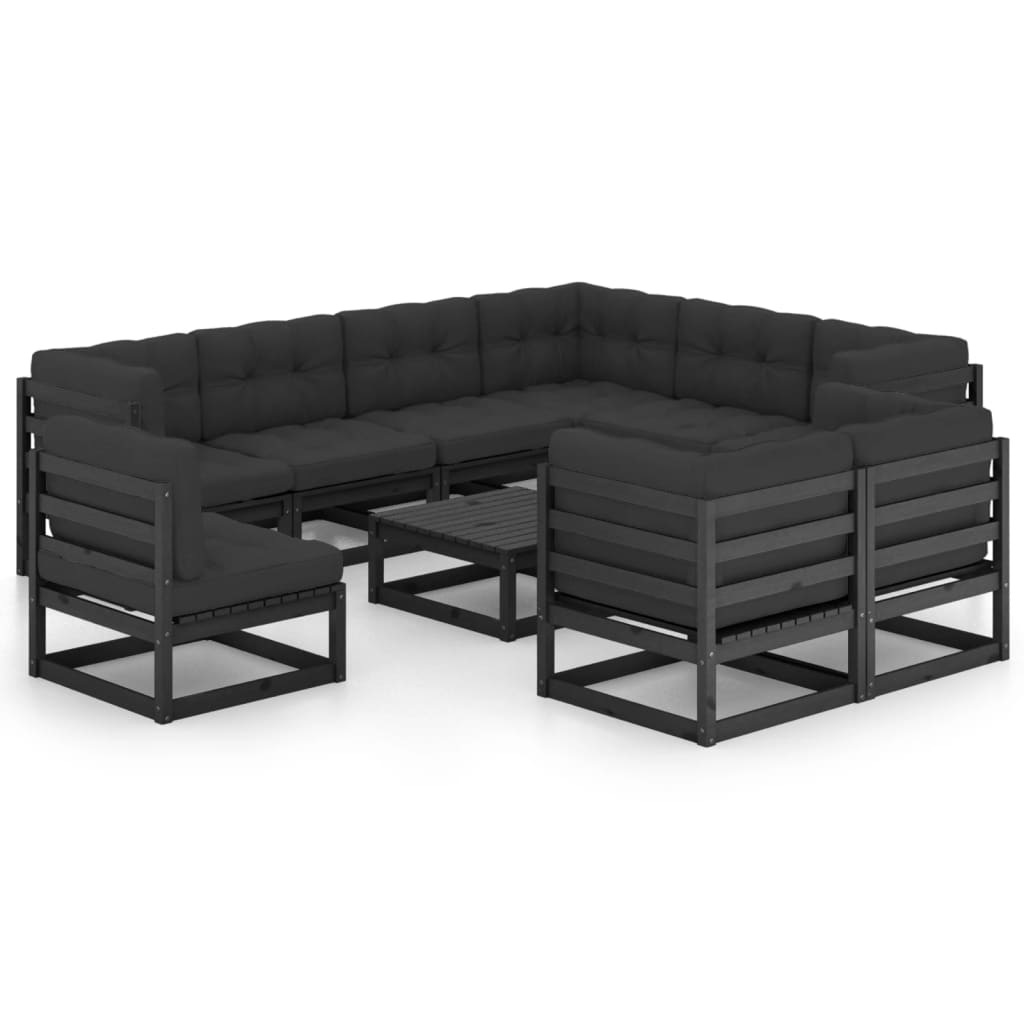 10 pcs conjunto lounge jardim c/ almofadões pinho maciço preto - Leva - Me - Contigo