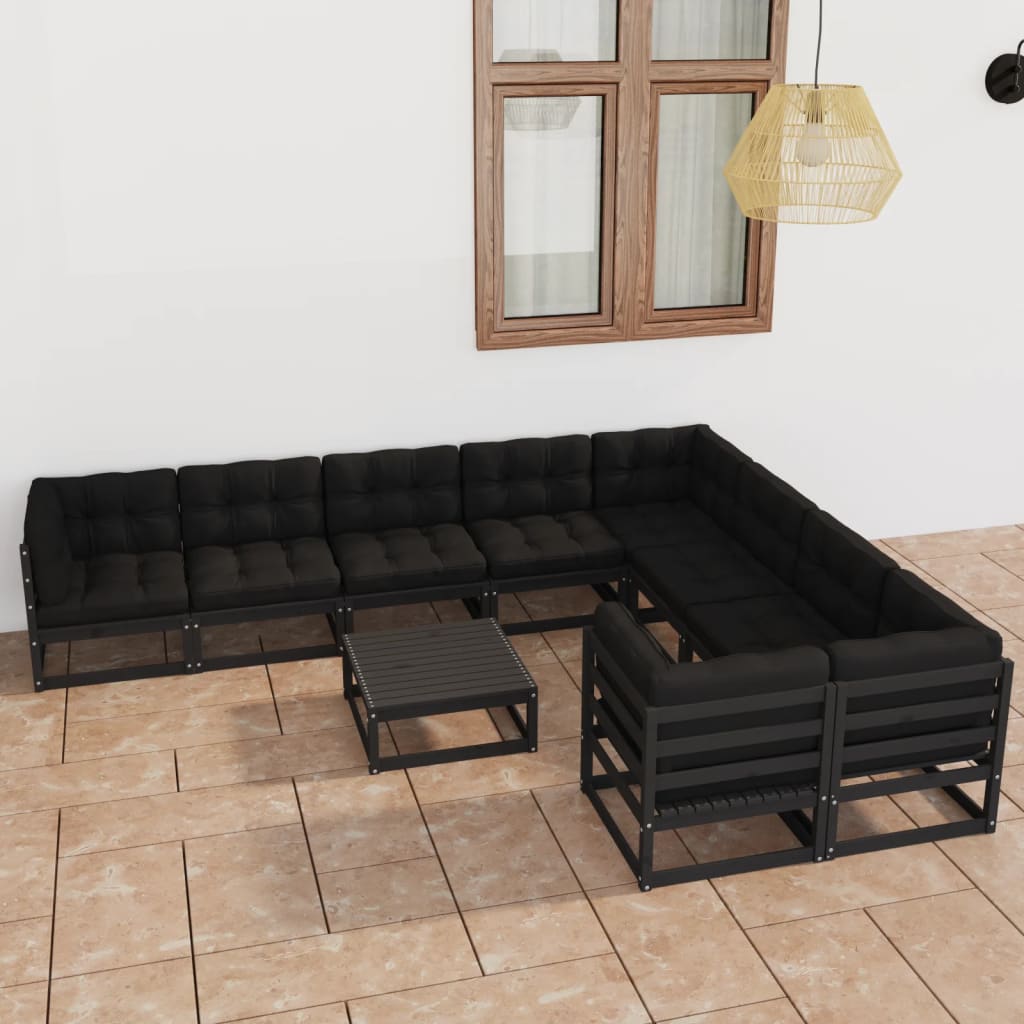 10 pcs conjunto lounge jardim c/ almofadões pinho maciço preto - Leva - Me - Contigo