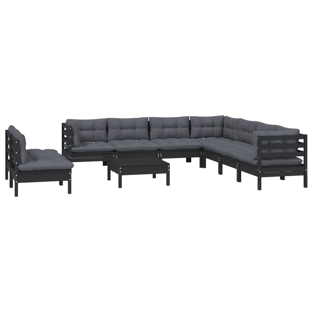 10 pcs conjunto lounge jardim c/ almofadões pinho maciço preto - Leva - Me - Contigo