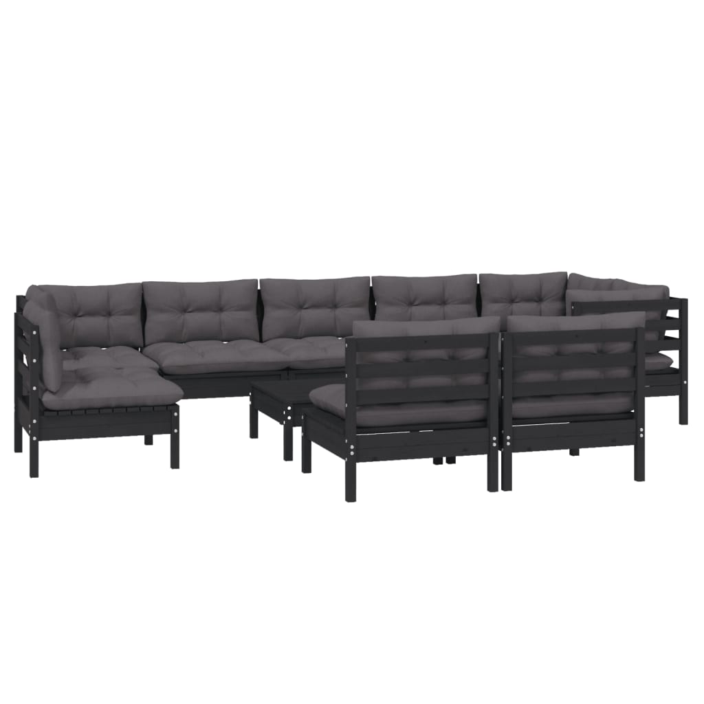 10 pcs conjunto lounge jardim c/ almofadões pinho maciço preto - Leva - Me - Contigo