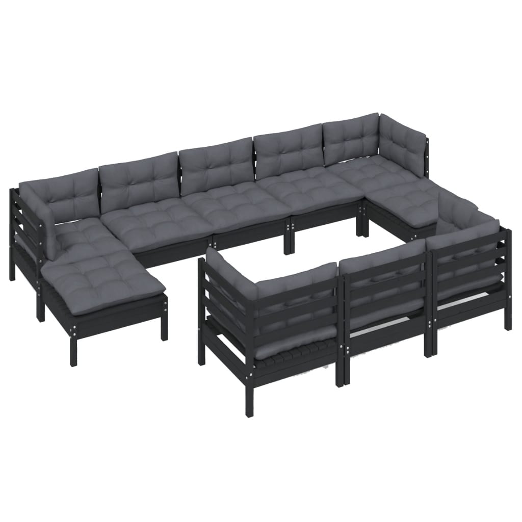 10 pcs conjunto lounge jardim c/ almofadões pinho maciço preto - Leva - Me - Contigo