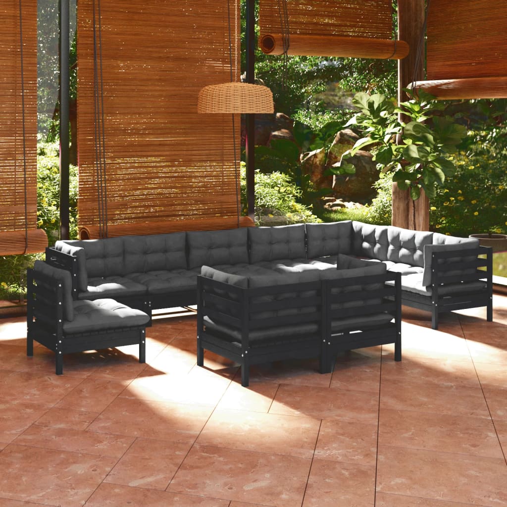 10 pcs conjunto lounge jardim c/ almofadões pinho maciço preto - Leva - Me - Contigo