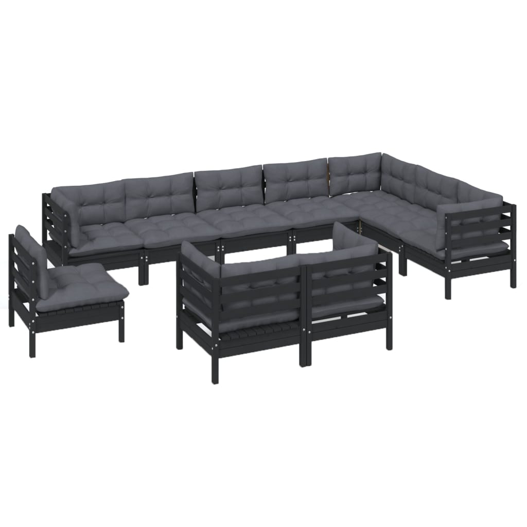 10 pcs conjunto lounge jardim c/ almofadões pinho maciço preto - Leva - Me - Contigo