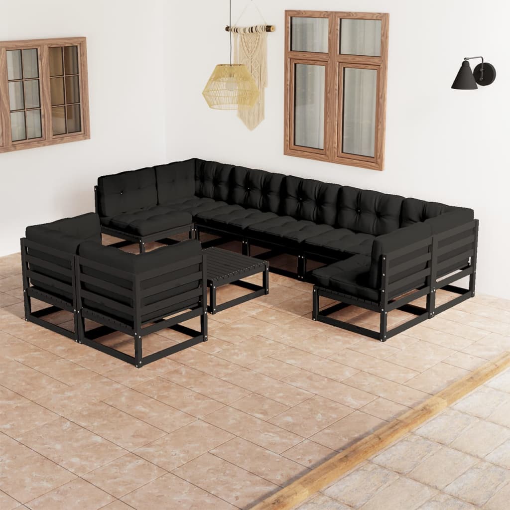 10 pcs conjunto lounge jardim c/ almofadões pinho maciço preto - Leva - Me - Contigo