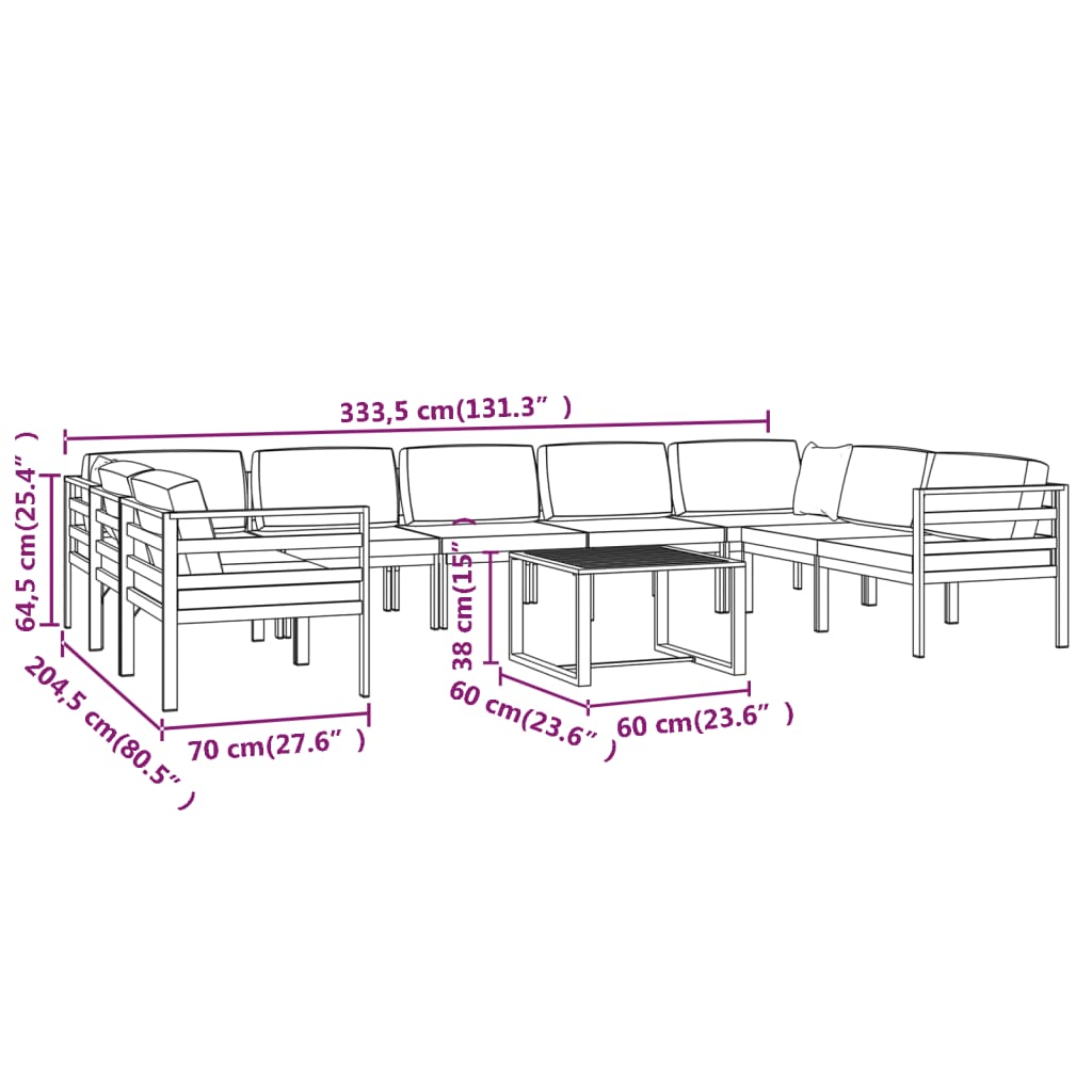 10 pcs conjunto lounge jardim com almofadões alumínio antracite - Leva - Me - Contigo