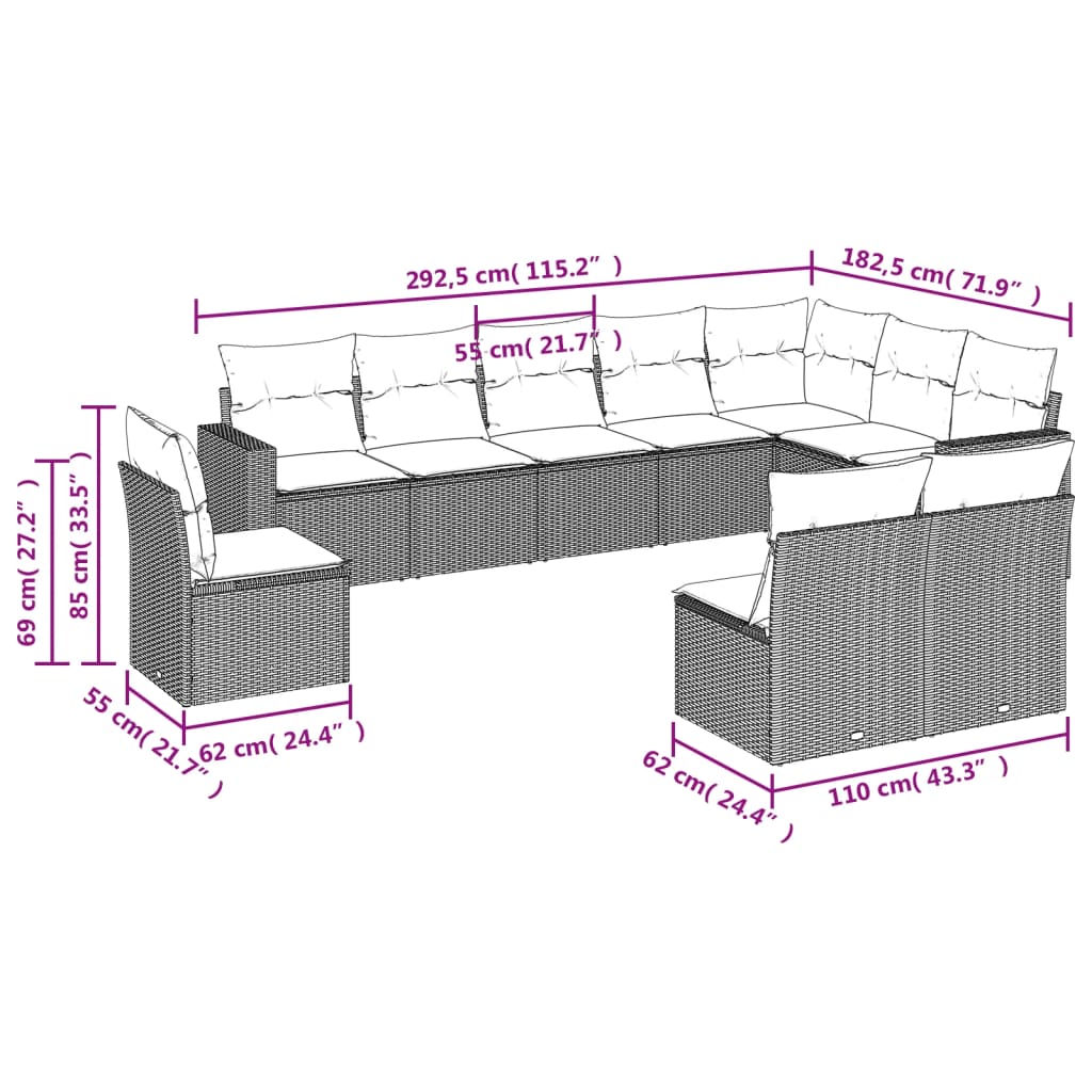 10 pcs conjunto sofás de jardim c/ almofadões vime PE cinzento - Leva - Me - Contigo