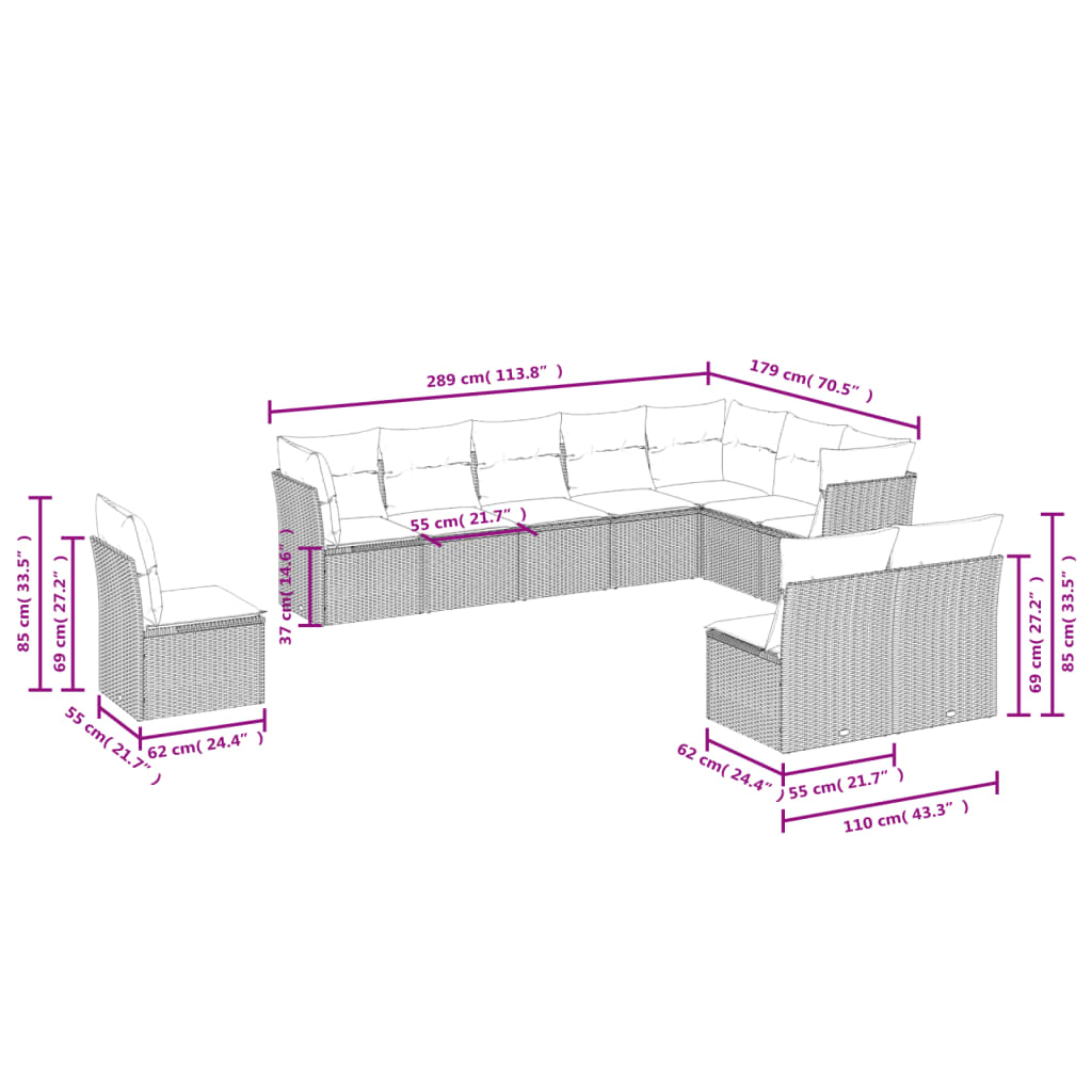 10 pcs conjunto sofás de jardim c/ almofadões vime PE cinzento - Leva - Me - Contigo