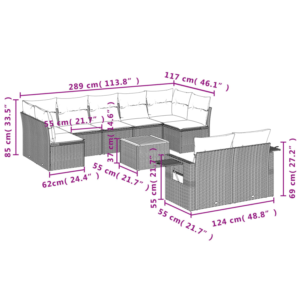 10 pcs conjunto sofás de jardim c/ almofadões vime PE cinzento - Leva - Me - Contigo