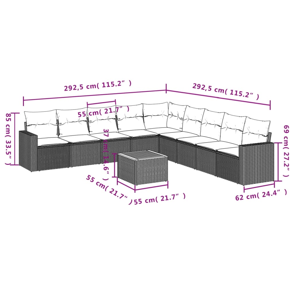 10 pcs conjunto sofás de jardim c/ almofadões vime PE cinzento - Leva - Me - Contigo