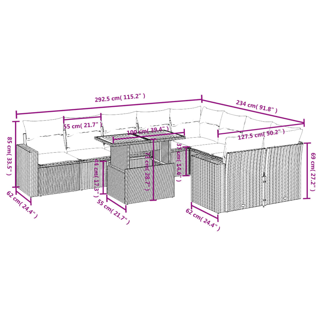 10 pcs conjunto sofás de jardim c/ almofadões vime PE cinzento - Leva - Me - Contigo