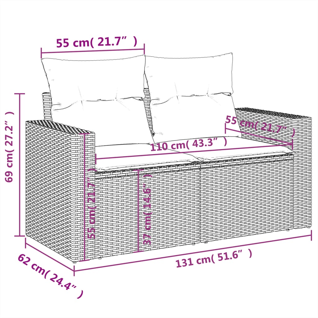 10 pcs conjunto sofás de jardim c/ almofadões vime PE cinzento - Leva - Me - Contigo