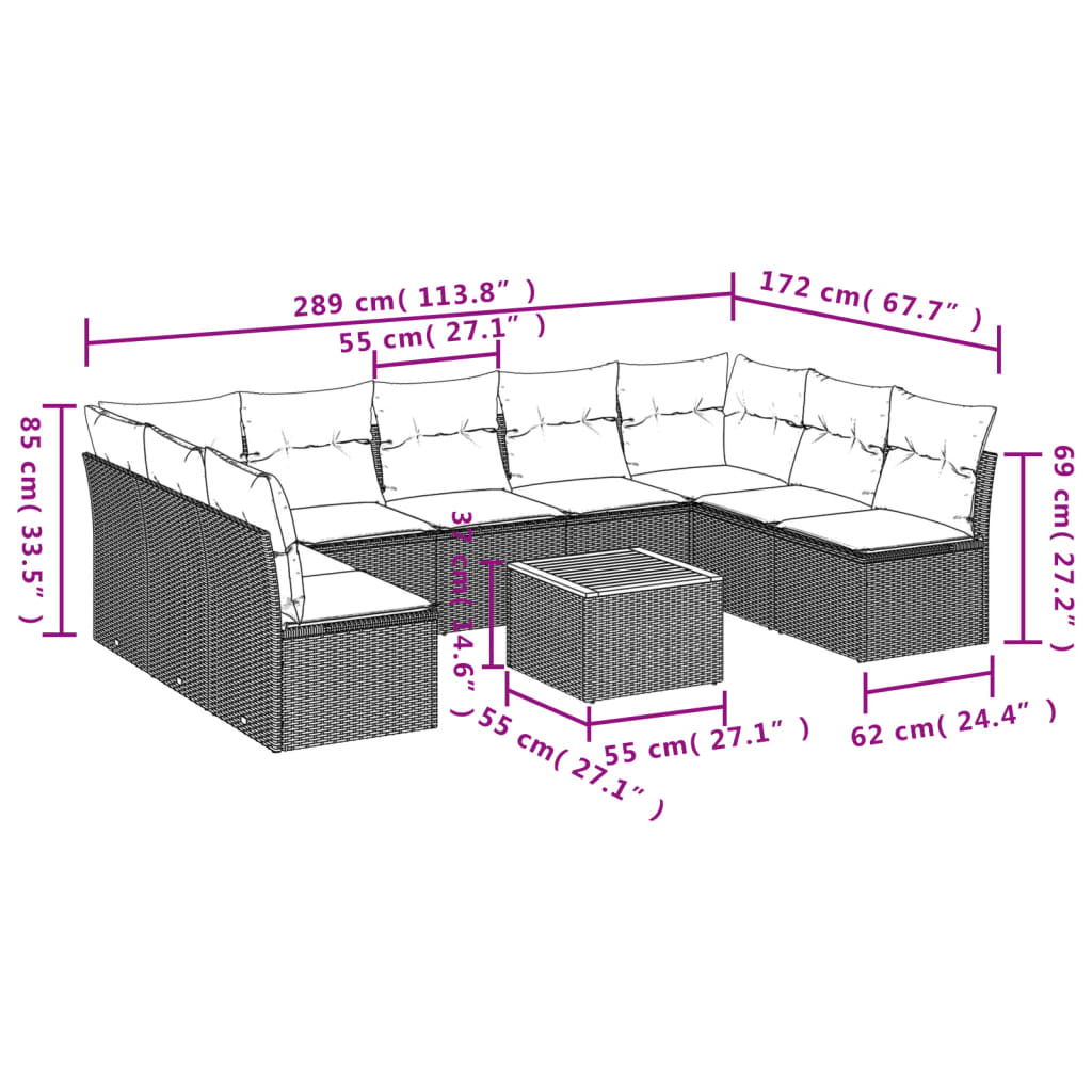 10 pcs conjunto sofás de jardim c/ almofadões vime PE cinzento - Leva - Me - Contigo