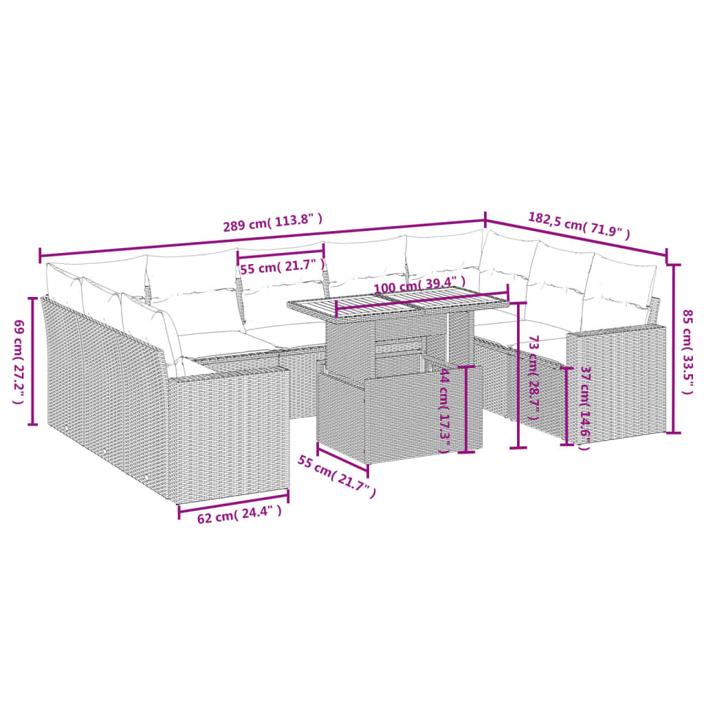 10 pcs conjunto sofás de jardim c/ almofadões vime PE cinzento - Leva - Me - Contigo