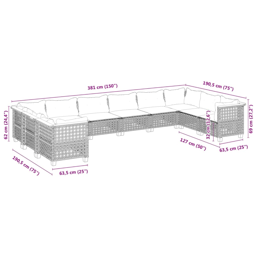 10 pcs conjunto sofás de jardim c/ almofadões vime PE cinzento - Leva - Me - Contigo