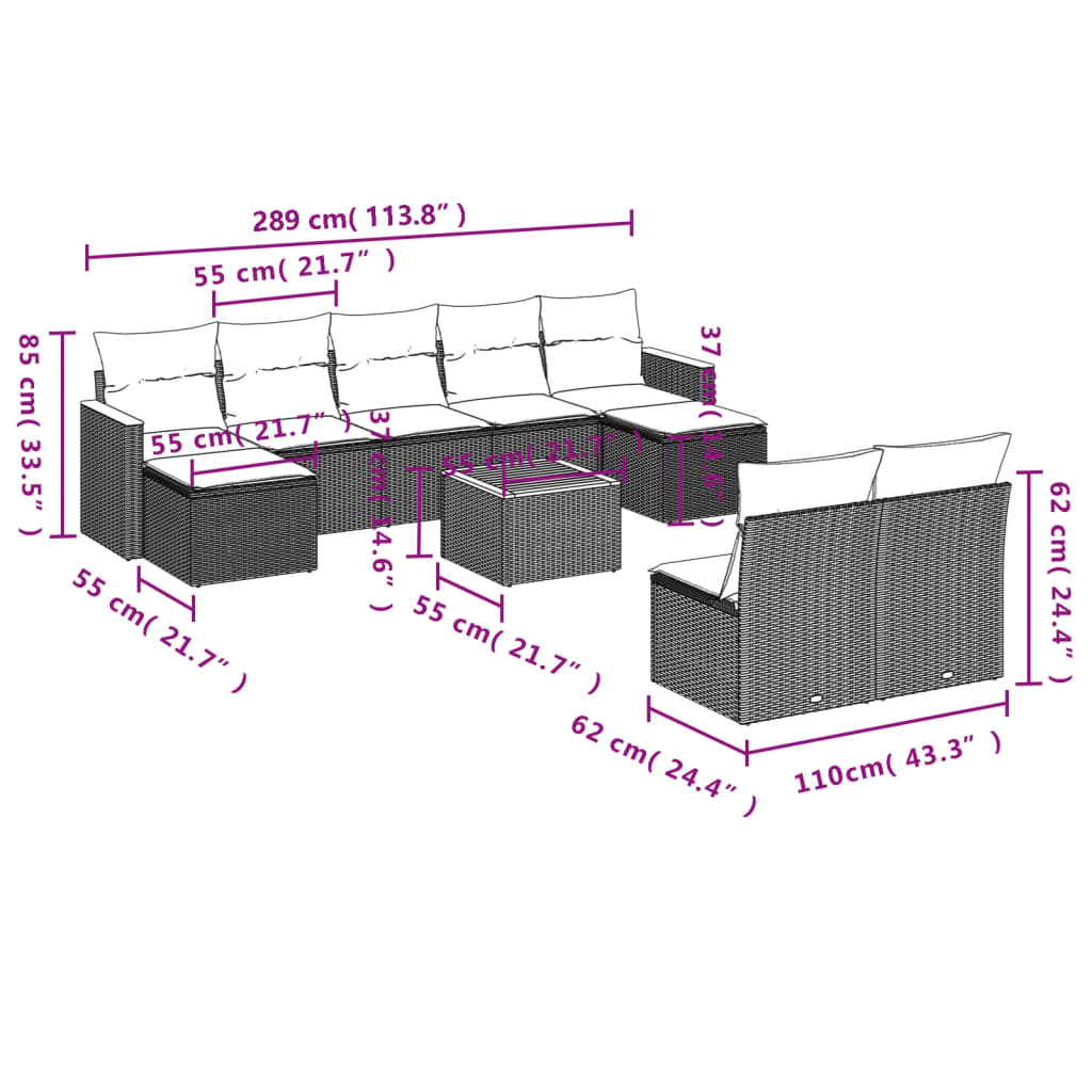 10 pcs conjunto sofás de jardim c/ almofadões vime PE cinzento - Leva - Me - Contigo