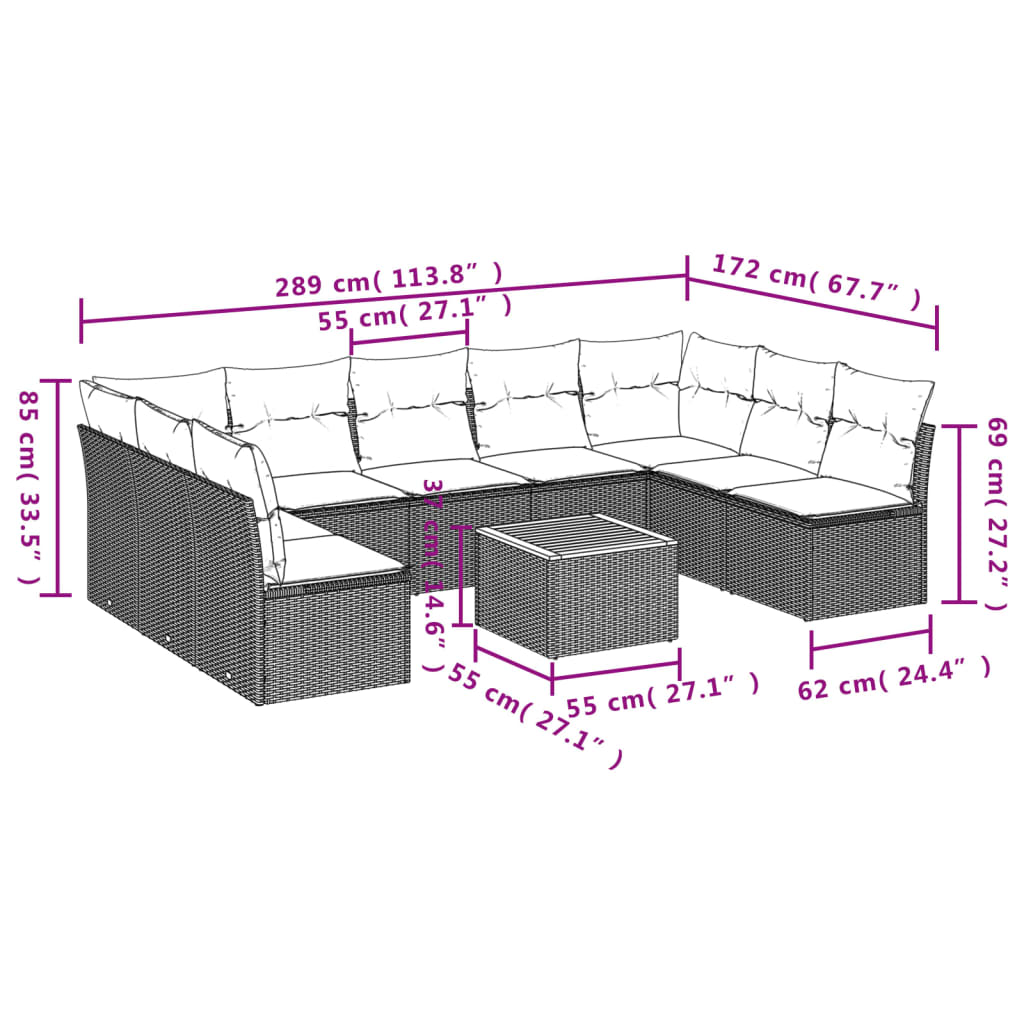 10 pcs conjunto sofás de jardim c/ almofadões vime PE cinzento - Leva - Me - Contigo